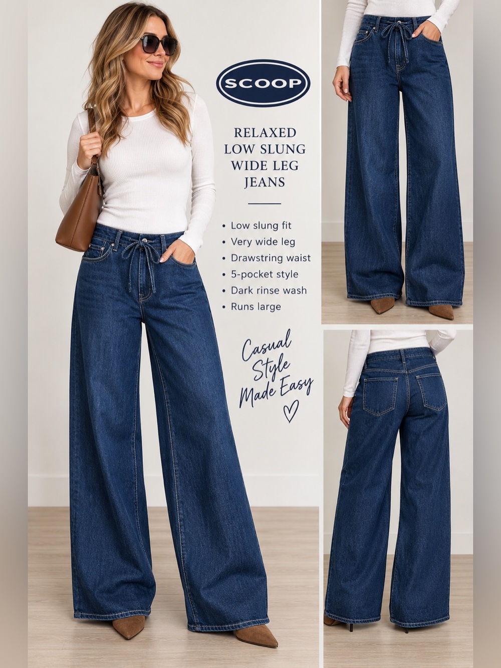 Scoop Relaxed Low Slung Extra Wide Leg Jeans Rinse Wash Drawstring NWT Size 6